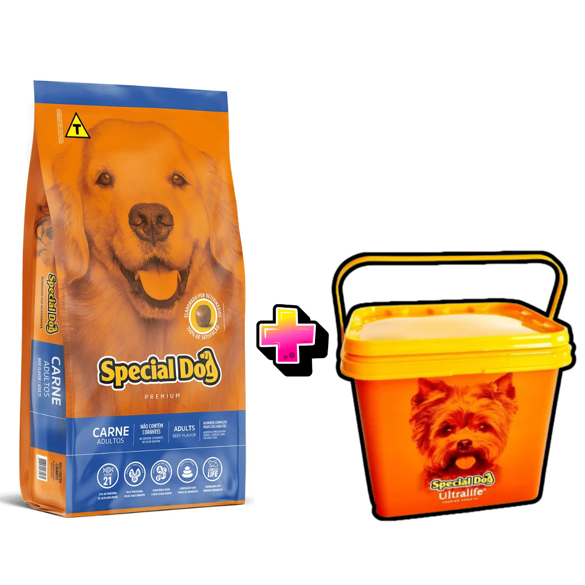 KIT RAÇÂO SPECIAL DOG PREMIUM CÃES AD CARNE 15KG + balde
