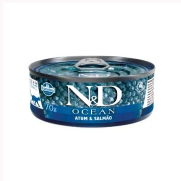 RAÇÃO ÚMIDA ND OCEAN ATUM E SALMÃO P/ GATOS ADULTOS 70G