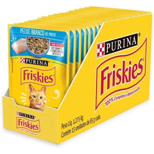 8c93b2a086082b094866fe62cd071a99.jpg KIT 15UN SACHÊ FRISKIES P/ GATOS PEIXE BRANCO AO MOLHO 85G
