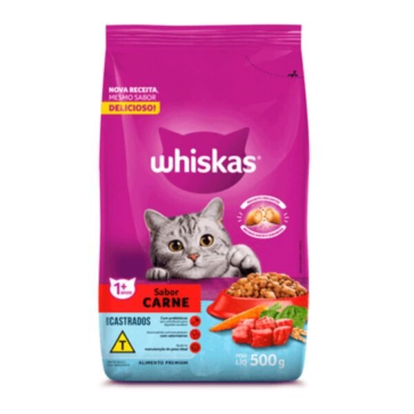 RAÇÃO WHISKAS GATOS CASTRADOS SABOR CARNE 500G