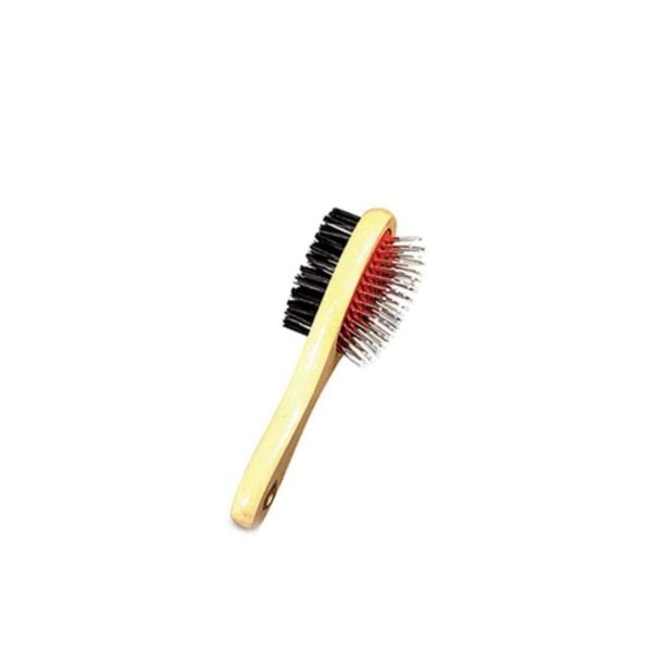 ESCOVA DUPLA PARA PET CABO MADEIRA PEQUENA 17,5CM