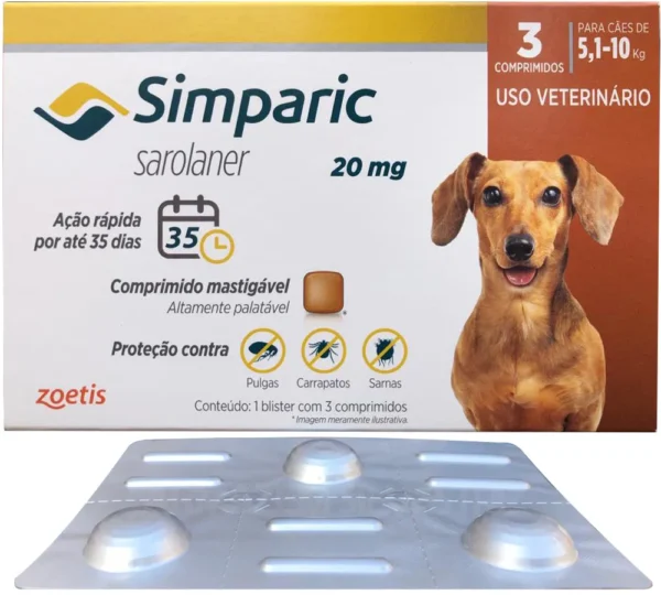 fb198e6aad94b42540e9ff7687bb8cb6.webp Simparic 5 a 10 Kg 20mg 3 Comprimidos Mastigáveis Palatáveis Zoetis