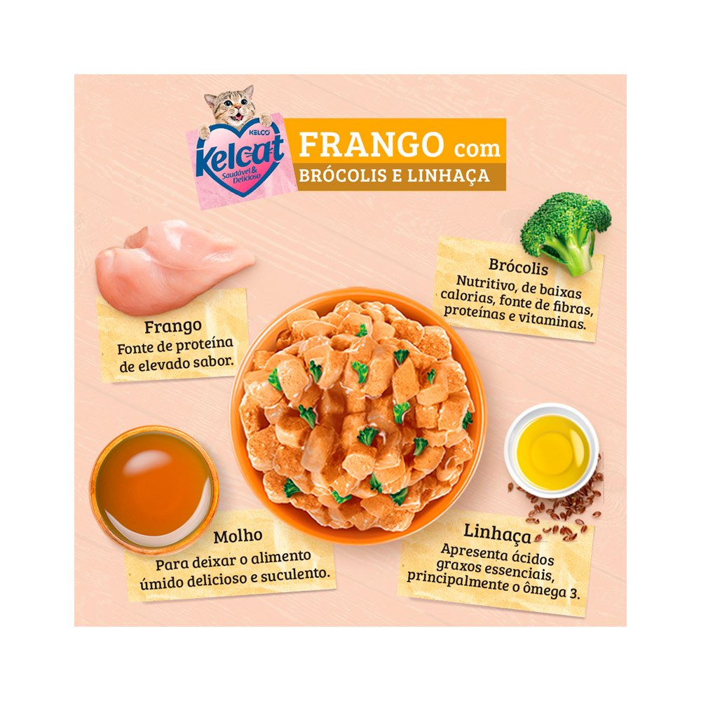 RAÇÃO ÚMIDA KELCAT SACHE FRANGO COM BROCOLIS E LINHAÇA 85GR - Imagem 3
