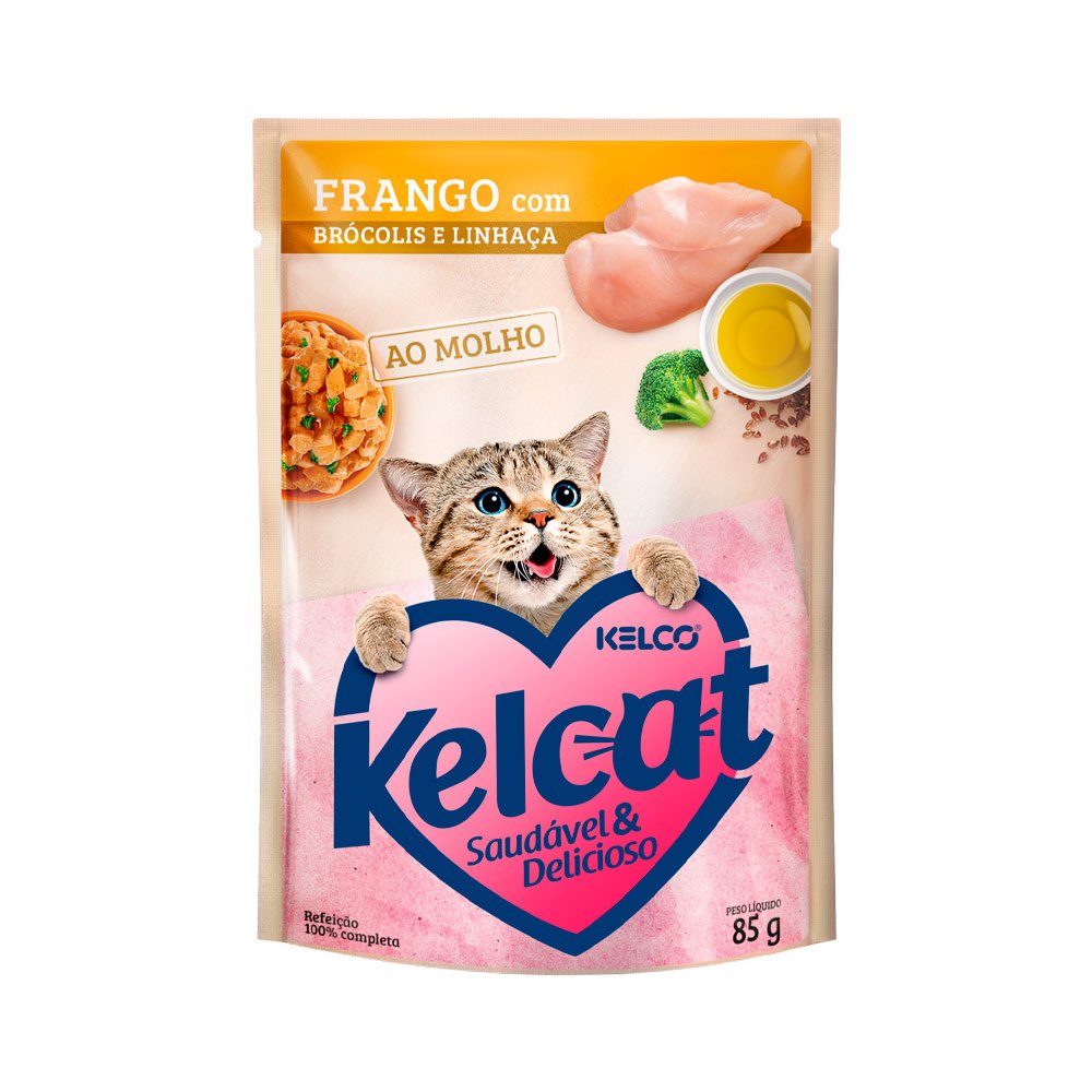 RAÇÃO ÚMIDA KELCAT SACHE FRANGO COM BROCOLIS E LINHAÇA 85GR