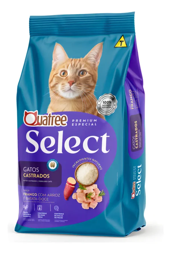 29f39be84966cac5b39498ffded74c1a.webp Ração Seca Quatree Select Frango Arroz Gatos Castrados 1 Kg